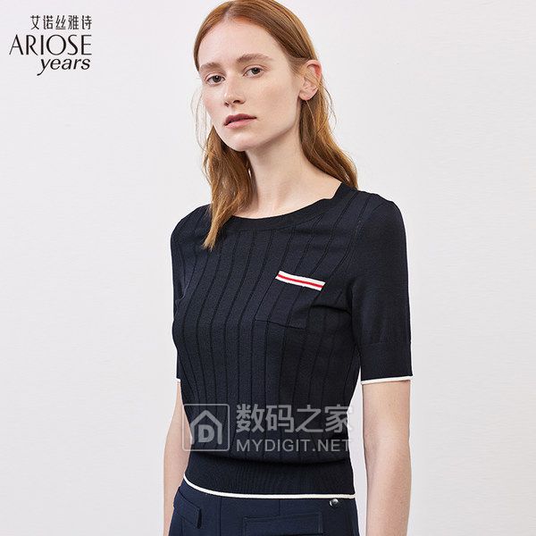 艾诺丝雅诗修身撞色短袖薄针织衫女2018夏新品百搭打底衫70418083